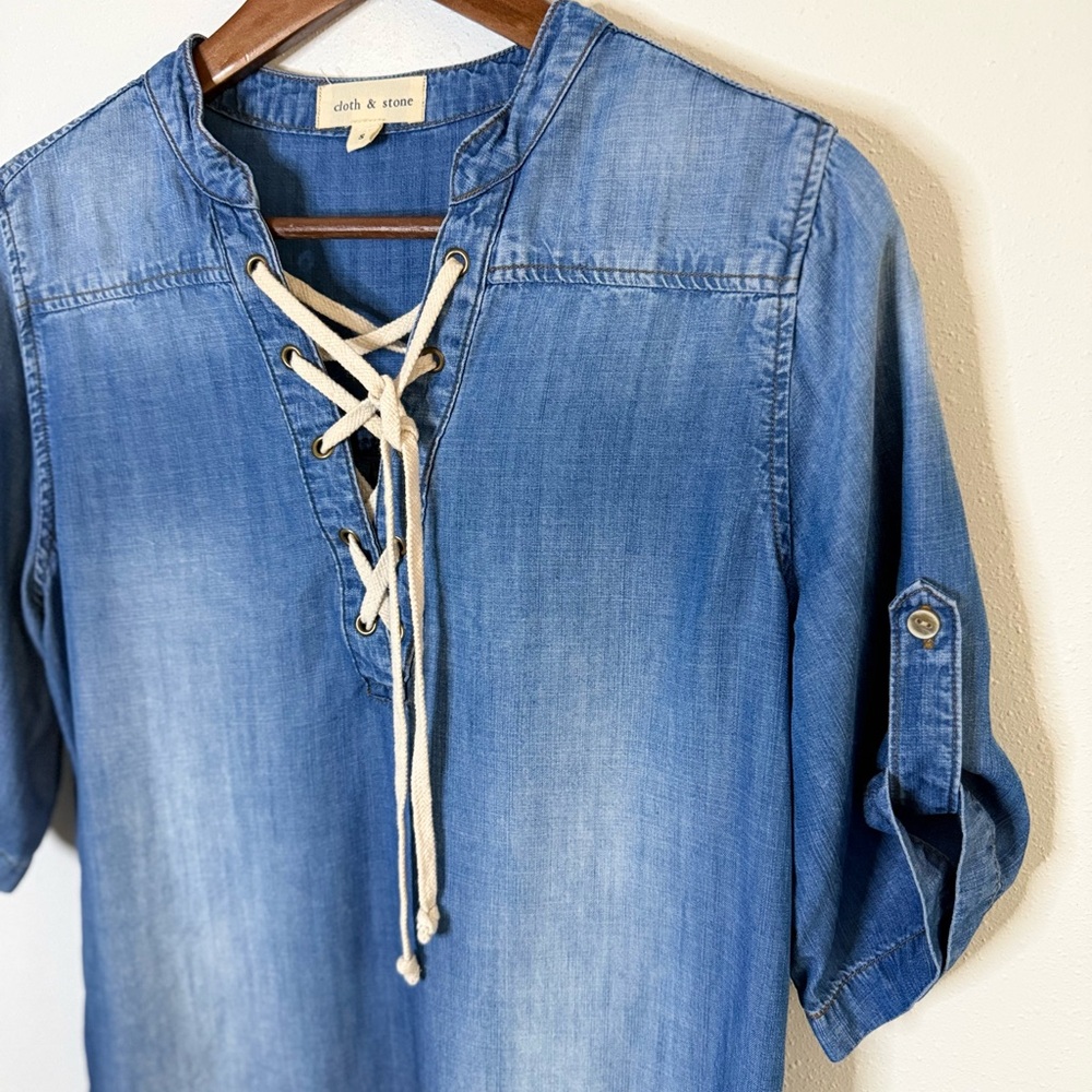 Cloth & Stone Chambray Lace Up Tunic Dress Boho Size S